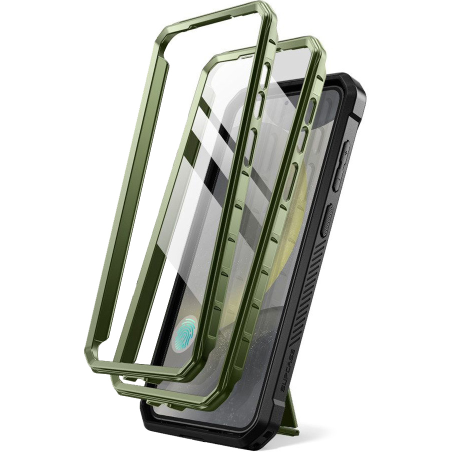 Etui pancerne z osłoną na ekran, z wbudowaną podstawką i kaburą z klipsem obrotowym Supcase Unicorn Beetle Pro do Galaxy S25, zielone